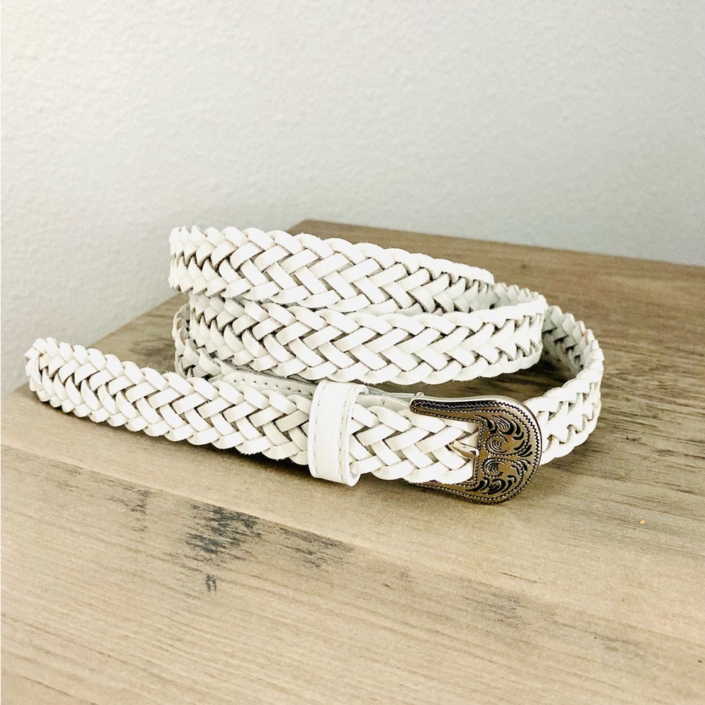 Braided White Leather Belt Cowgirl Country Western Silver Belt Buckle